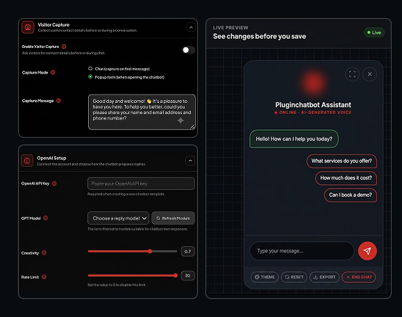 Pluginchatbot conversation settings beside a live chatbot preview