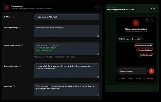 Pluginchatbot visitor capture and OpenAI setup screens with live preview