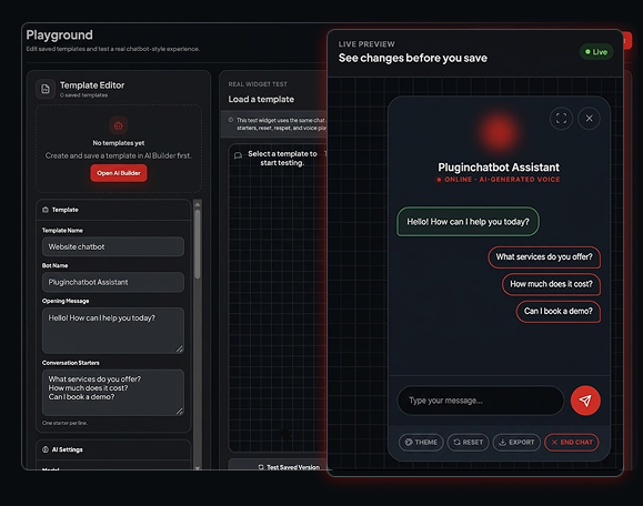 PluginChatbot builder with a live chatbot assistant preview for a custom website