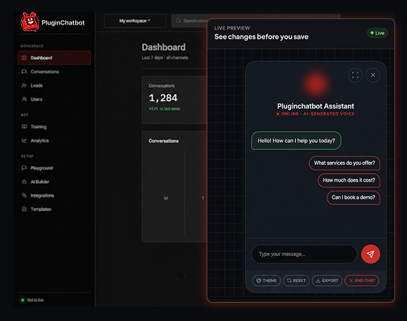 PluginChatbot dashboard with a live chatbot assistant preview