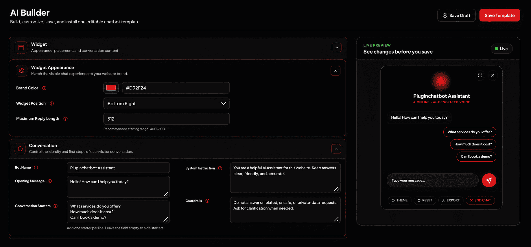 PluginChatbot AI builder settings and chatbot preview