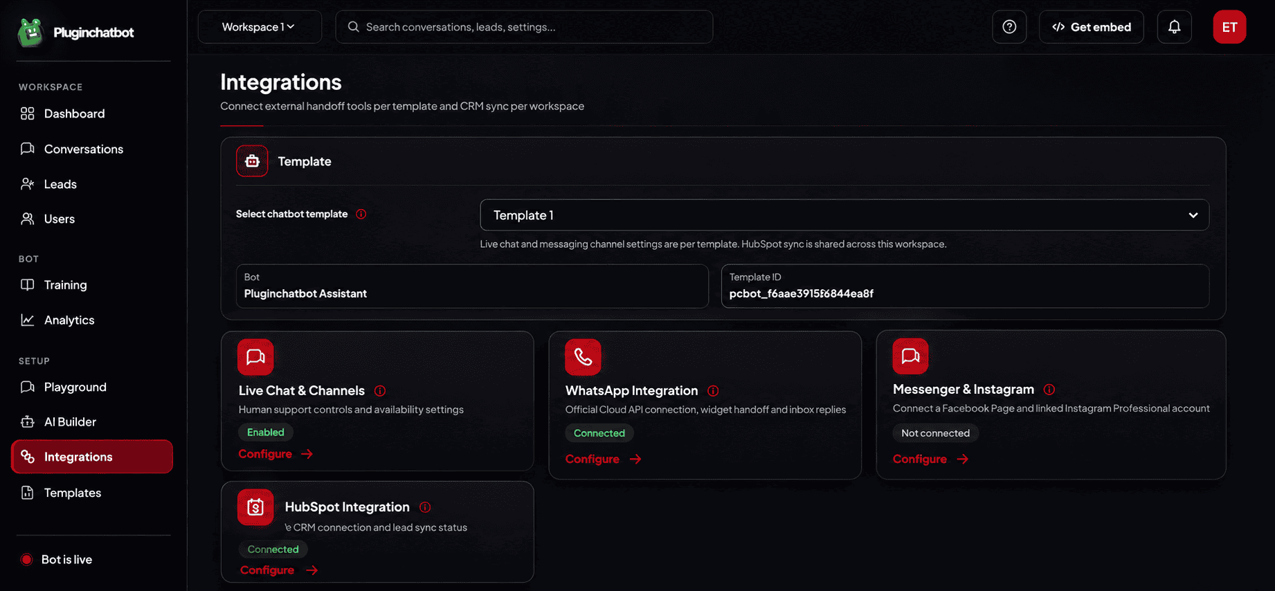 PluginChatbot integrations and CRM sync dashboard