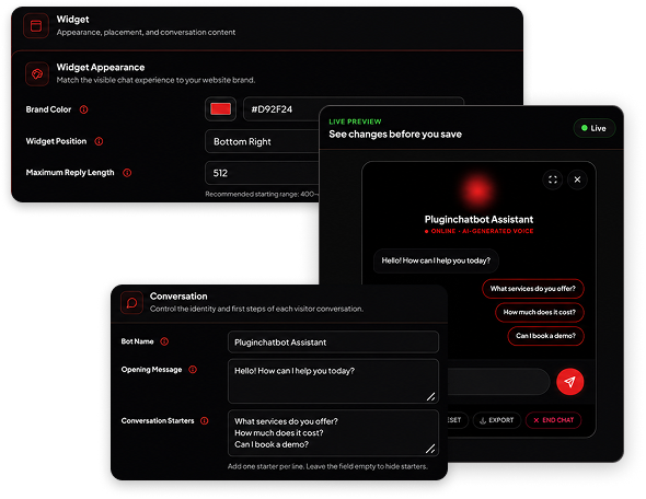PluginChatBot AI builder for customising a customer support chatbot
