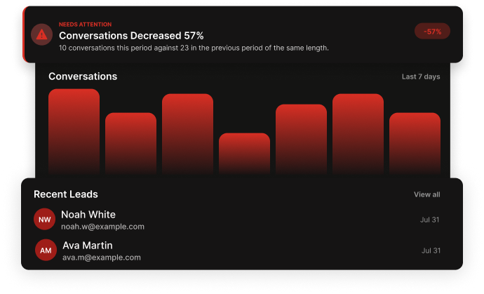 PluginChatBot dashboard showing conversations, captured leads and support analytics