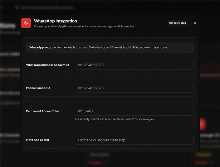 PluginChatBot WhatsApp Business integration setup screen for connecting messaging channels