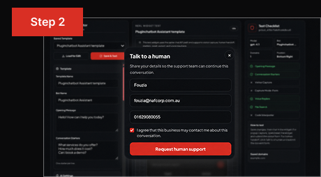 Visitor requesting human support or continuing through a connected messaging channel