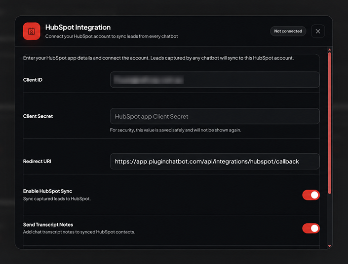 PluginChatBot HubSpot settings for account connection, lead sync and transcript notes