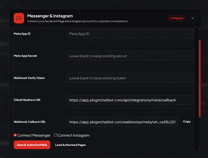 PluginChatBot settings for connecting Facebook Messenger and Instagram accounts