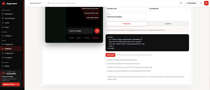 Copying the PluginChatBot embed code from the dashboard