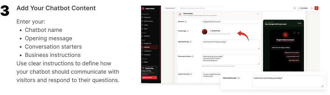 Step 3: Add your chatbot name, opening message and conversation starters