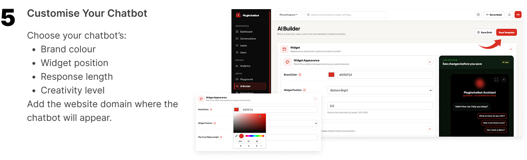 Step 5: Customise the chatbot colour, widget position and response settings