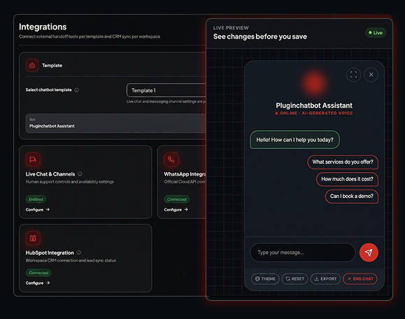 PluginChatbot integrations dashboard with a live chatbot assistant preview