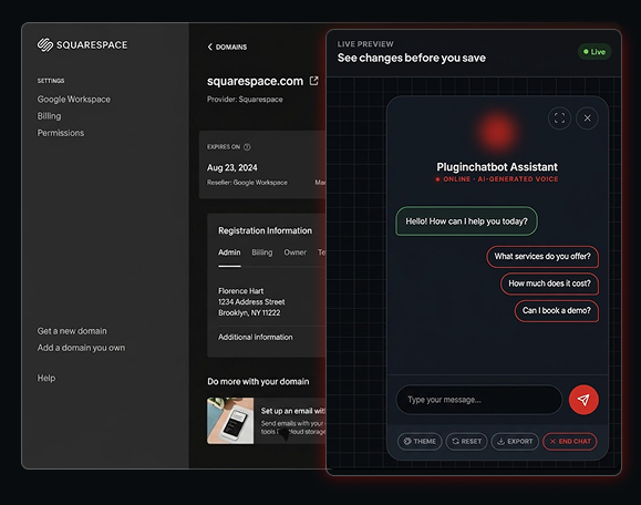 PluginChatbot on a Squarespace website with a live chatbot assistant preview