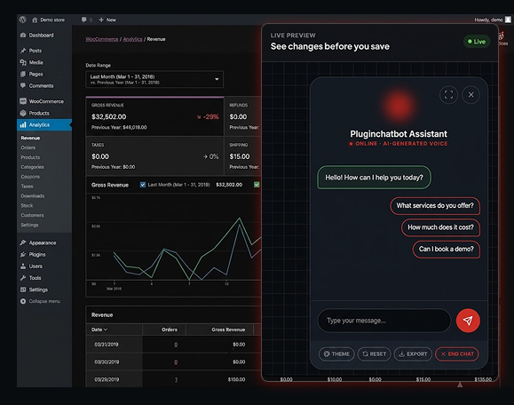 PluginChatbot support dashboard with a live chatbot assistant preview