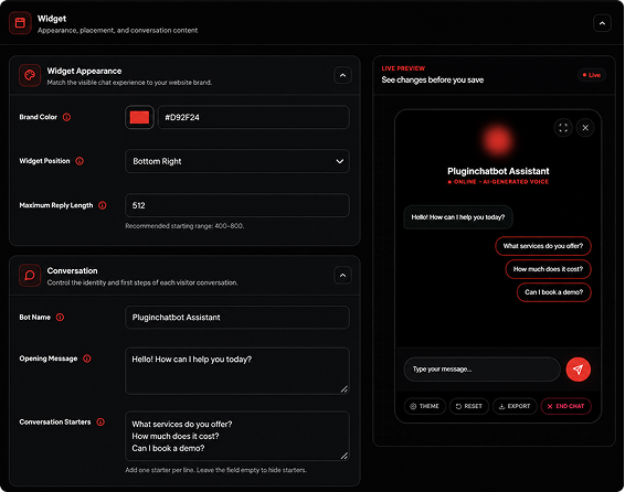 PluginChatbot widget configuration and live preview for a Webflow website