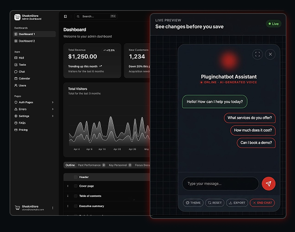 PluginChatbot Webflow dashboard with a live chatbot assistant preview