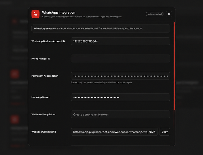 PluginChatBot WhatsApp Business settings for account credentials and webhooks
