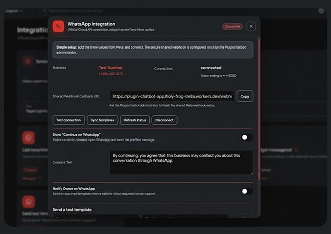 PluginChatbot WhatsApp integration configuration screen